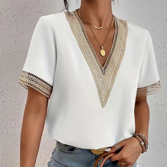 Tops - NEW- Beautiful White Blouse with Tan Crochet Trim details on this V- neck Top